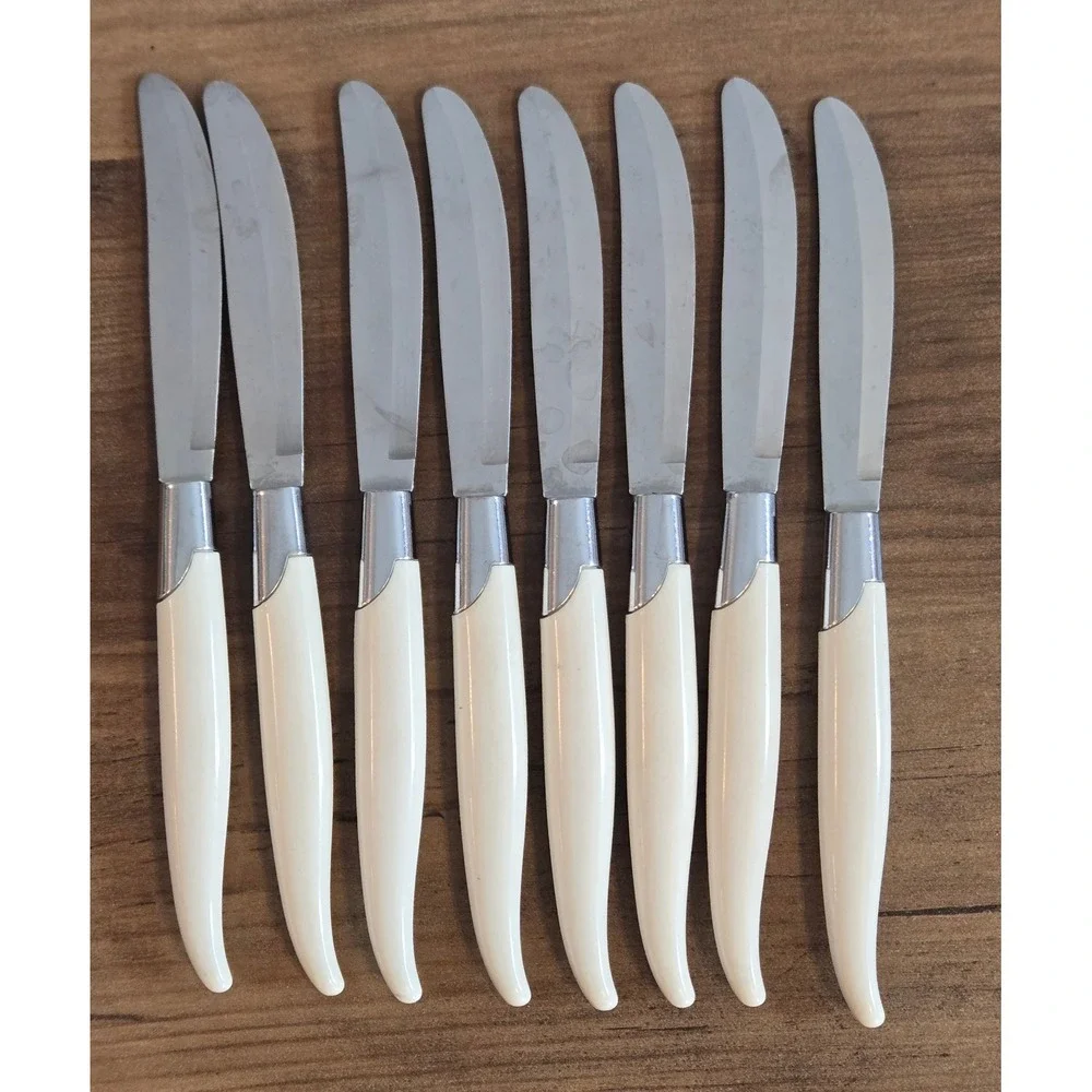 Vintage Robinson USA Stainless Steel Butterknife Lot of 8 White Handle MCM Retro